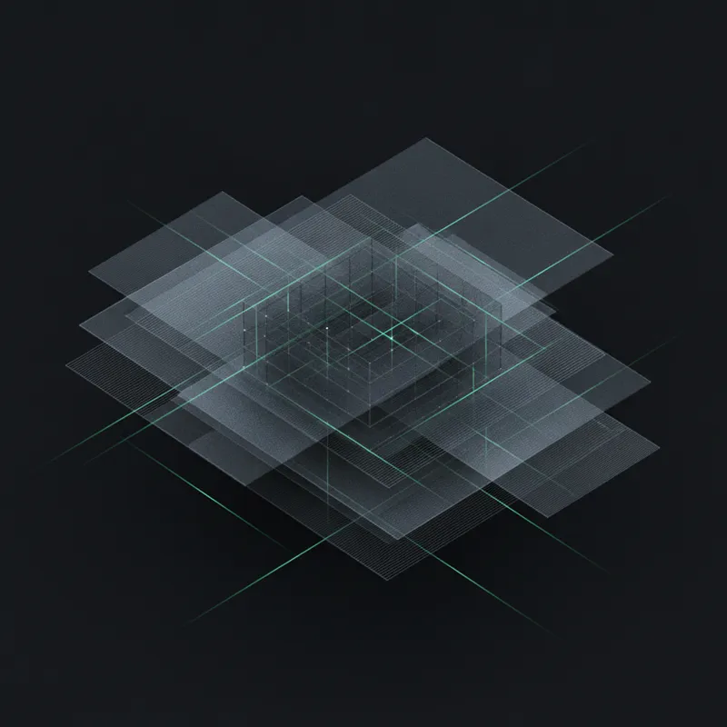 Layered translucent planes suggesting payment rails and settlement flows